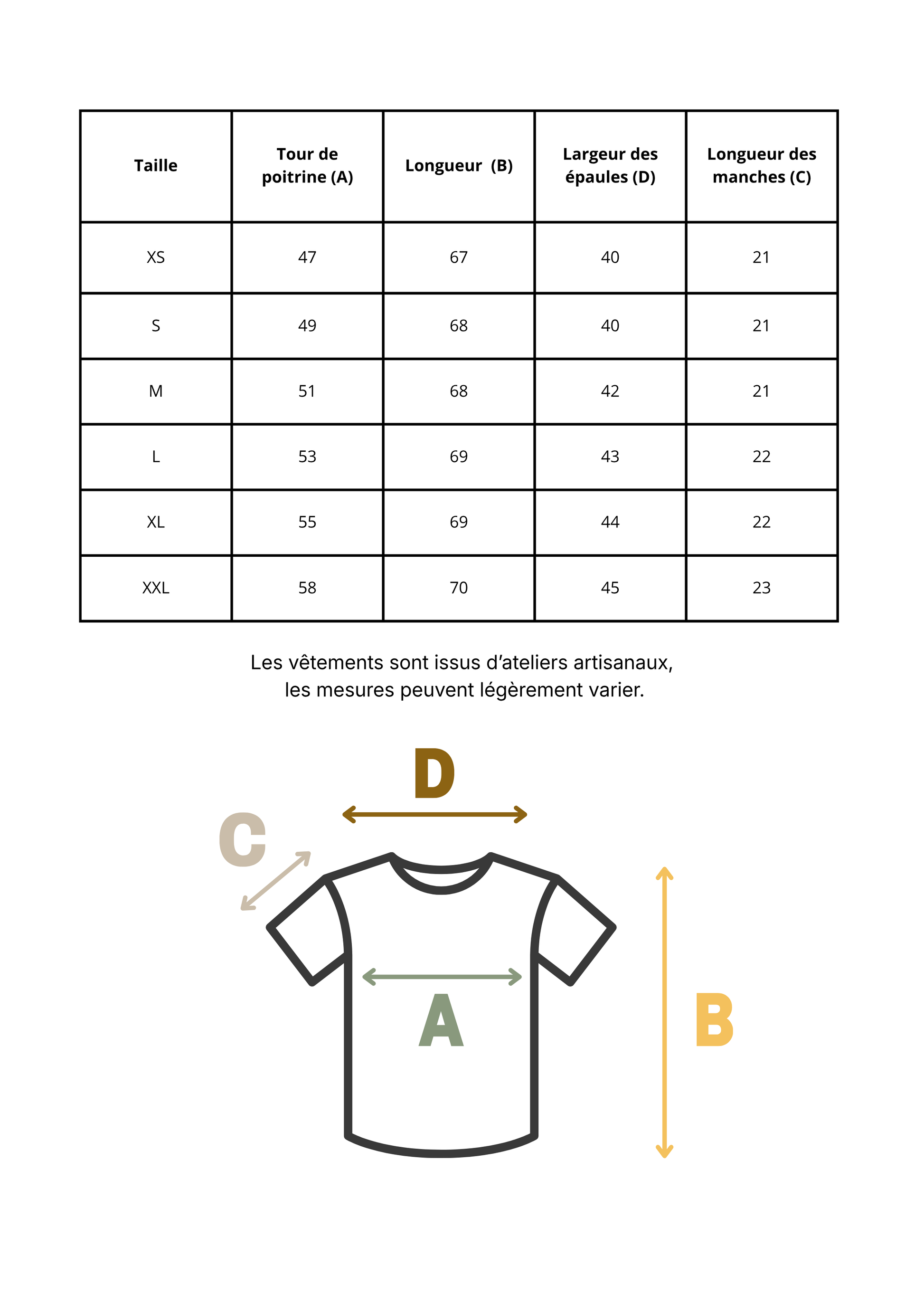 Tableau des mesures pour les tee shirt B.H Menswear